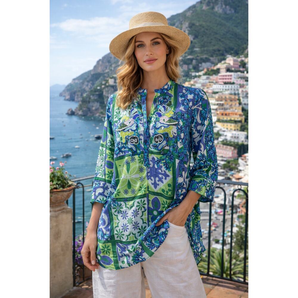Antica Sartoria Positano Embroidered Cotton Tunic Top Blue Green Tile Print S/M
